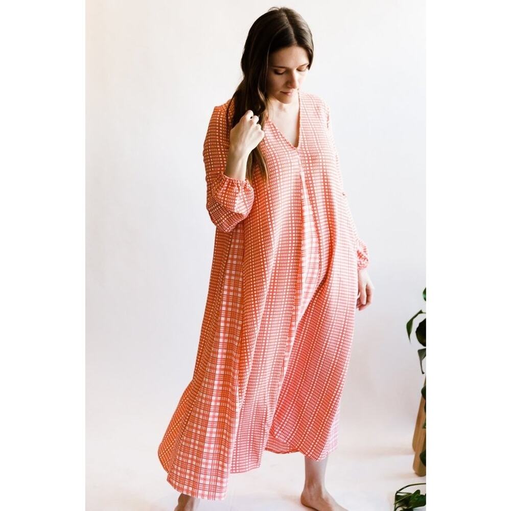 Stine Goya M Leila Maxi Dress V Neck Plaid Long Sleeve Orange - Picture 15 of 15